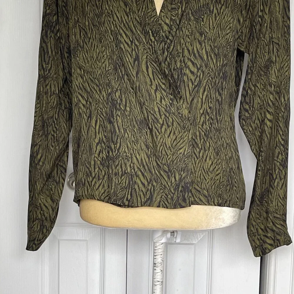Anne Klein Vintage Silk Blouse Size 8 Green Black Surplice Button Front Top